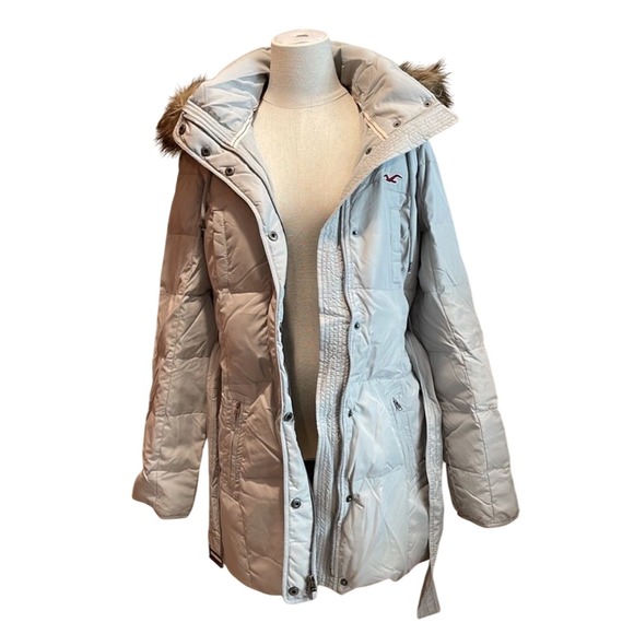 Hollister Puffer Coat Faux Fur Hood Belted Light Gray Women's Size L - Picture 4 of 9
